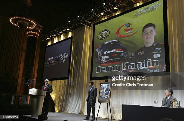 Driver Denny Hamlin receives the Rookie of the Year Award, at the NASCAR NMPA Myers Brothers Award Luncheon, at Ciprani, on November 30, 2006 in New...