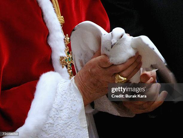 Pope Benedict XVI frees a dove during a visit to the Holy Spirit Cathedral December 1, 2006 in Istanbul, Turkey. The Pope released four white doves,...