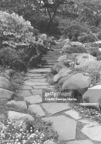footpath in rock garden, (b&w) - black and white garden stock pictures, royalty-free photos & images