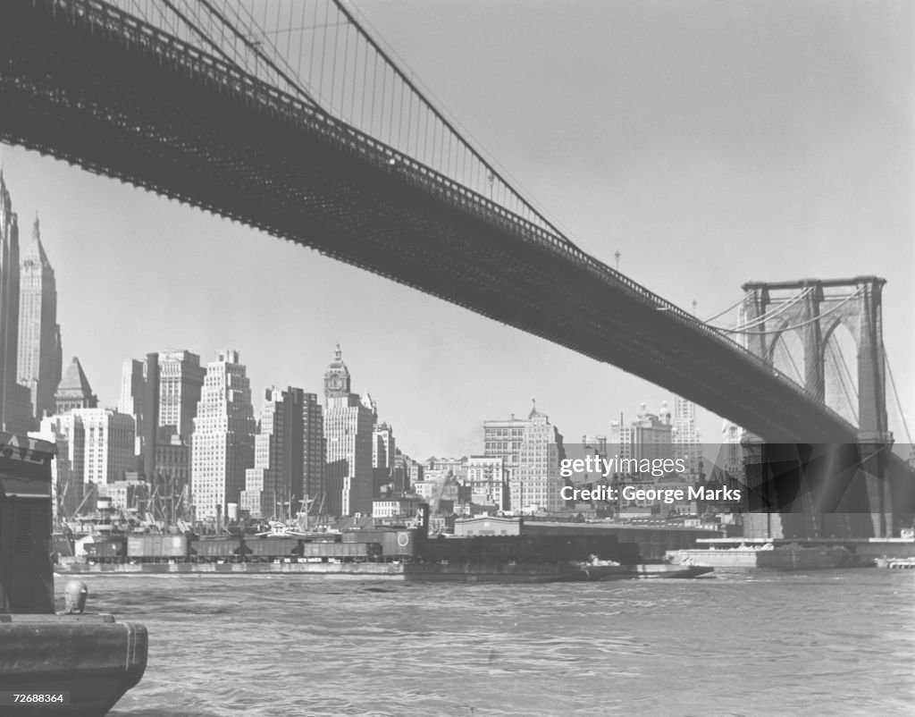 Brooklyn bridge and Manhattan skyline, New York City, USA, (B&W)