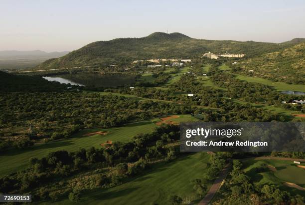General view of the Gary Player Country Club with The Sun City Hotel and Cascades hotel behind prior to the start of the second round of The Nedbank...