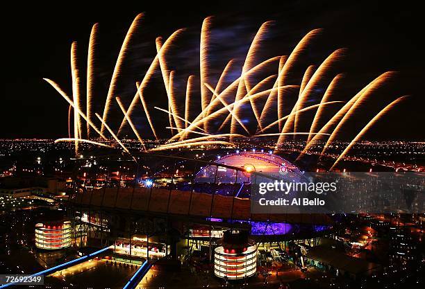 Fireworks explode over Khalifa Stadium after the lighting of the torch during the Opening Ceremony at the 15th Asian Games on December 1, 2006 in...