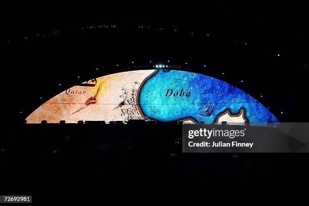 Map of Doha, Qatar is displayed upon the LED screen during the Opening Ceremony of the 15th Asian Games Doha 2006 at the Khalifa stadium on December...