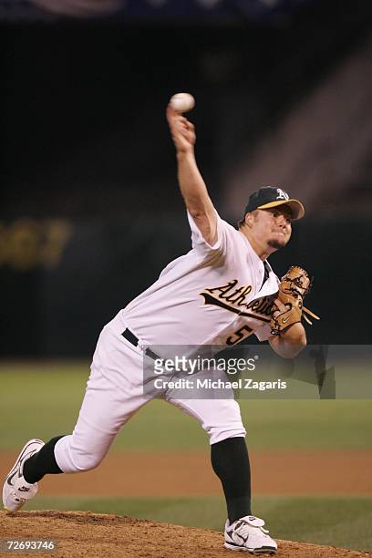 Joe Blanton of the Oakland Athletics pitches during Game One of the American League Championship Series against the Detroit Tigers at McAfee Coliseum...