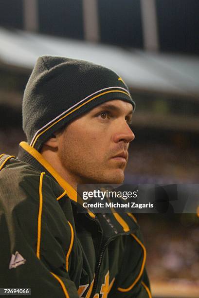 Barry Zito of the Oakland Athletics looks on during Game Two of the American League Championship Series against the Detroit Tigers at McAfee Coliseum...