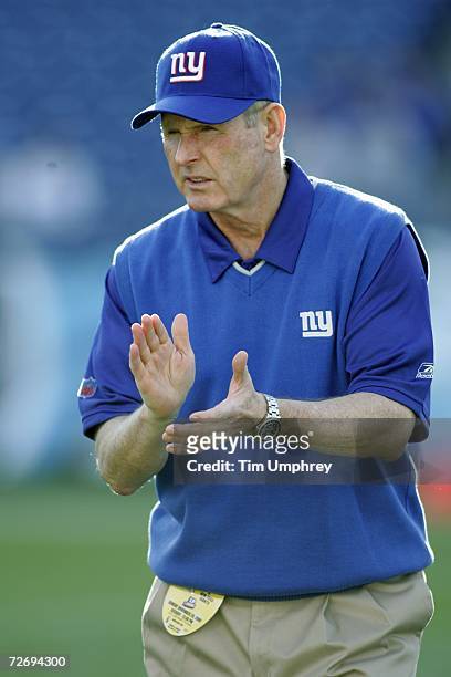 Head Coach Tom Coughlin of the New York Giants tries to inspire his team in a game against the Tennessee Titans at LP Field on November 26, 2006 in...
