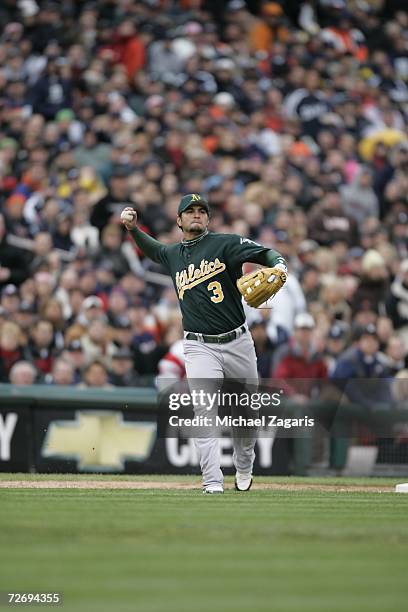 Eric Chavez of the Oakland Athletics fields during Game Three of the American League Championship Series against the Detroit Tigers on October 13,...