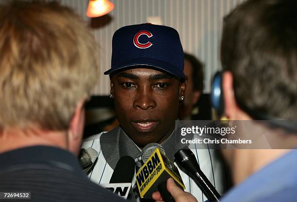 Alfonso Soriano of the Chicago Cubs speaks with the media during a press conference November 30, 2006 at the Stadium Club at Wrigley Field in...