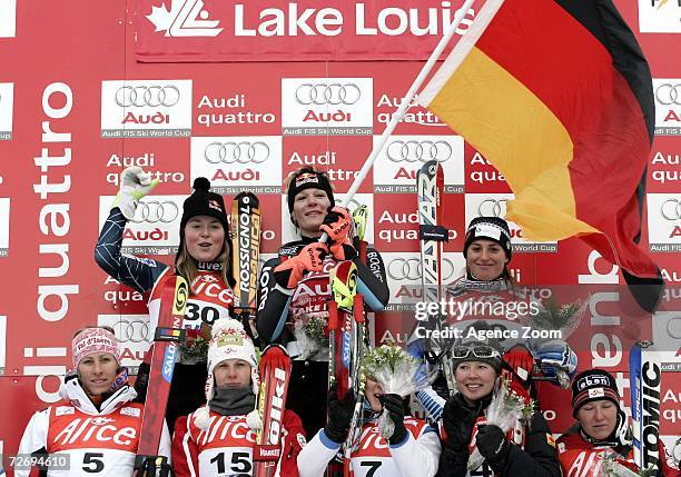 Participants in the Women?s Downhill event of the FIS Skiing World Cup celebrate, including Lindsey C. Kildow of the U.S. Placed second, Maria Riesch...
