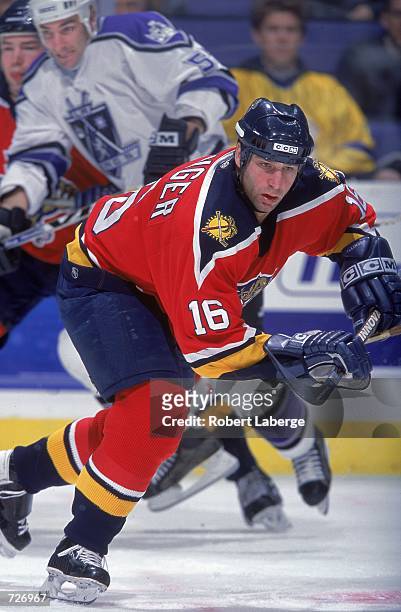 Mike Sillinger of the Florida Panthers skates to get the puck during the game against the Los Angeles Kings at the STAPLES Center in Los Angeles,...