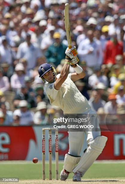 England batsman Kevin Pietersen drives the ball on day two of the second Ashes cricket Test against Australia at the Adelaide Oval, 02 December 2006....