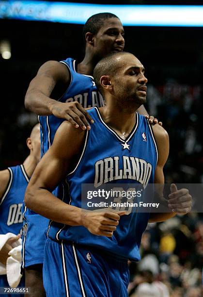 Grant Hill of the Orlando Magic celebrates making the winning shot against Portland Trail Blazers on December 1, 2006 at the Rose Garden in Portland,...