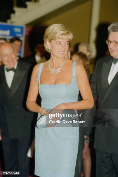 Princess Diana at the Royal Albert Hall after an English National Ballet production of 'Swan Lake', London, 3rd June 1997. The Princess is wearing a...