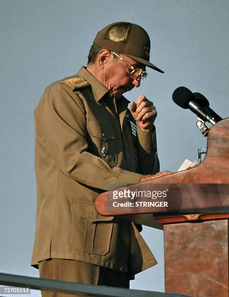 Cuban acting President Raul Castro delivers a speech during a military parade, 02 December 2006 at Revolution Square in Havana, celebrating President...