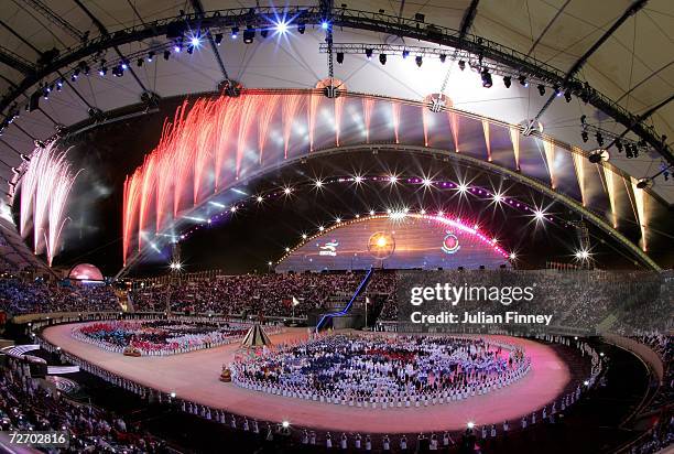 Fireworks go off during the Opening Ceremony of the 15th Asian Games Doha 2006 at the Khalifa stadium on December 1, 2006 in Doha, Qatar.