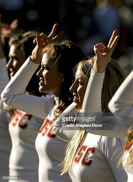 The USC Trojan cheerleaders perform during a game against the UCLA Bruins on December 2, 2006 at the Rose Bowl in Pasadena, California.