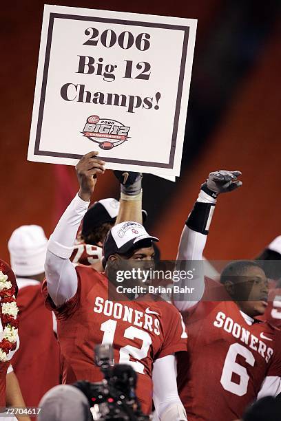 Quarterback Paul Thompson of the Oklahoma Sooners celebrates after winning the 2006 Dr. Pepper Big 12 Championship against the Nebraska Cornhuskers...