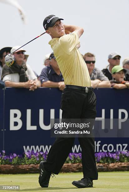 Nathan Green of Australia tees off on the 10th hole during the final round of the New Zealand Open at Gulf Harbour Country Club on the Whangaparoa...