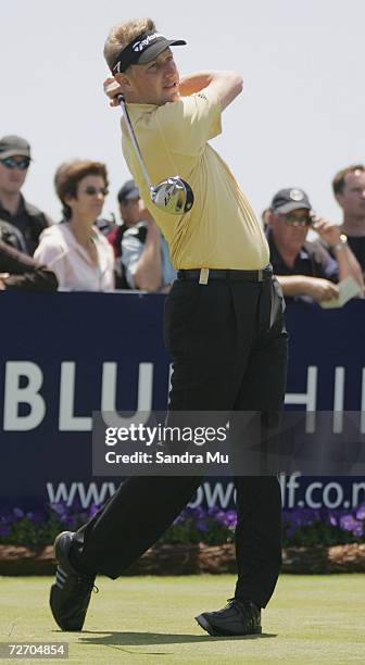 Simon Wakefield of England tees off on the 10th hole during the final round of the New Zealand Open at Gulf Harbour Country Club on the Whangaparoa...