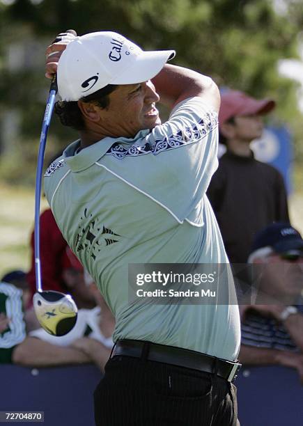 Michael Campbell of New Zealand tees off on the 16th hole during the final round of the New Zealand Open at Gulf Harbour Country Club on the...