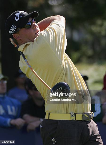 Kurt Barnes of Australia tees off on the 16th hole during the final round of the New Zealand Open at Gulf Harbour Country Club on the Whangaparoa...