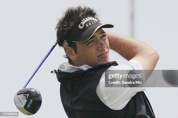 Nick Dougherty of England tees off on the 10th hole during the final round of the New Zealand Open at Gulf Harbour Country Club on the Whangaparoa...
