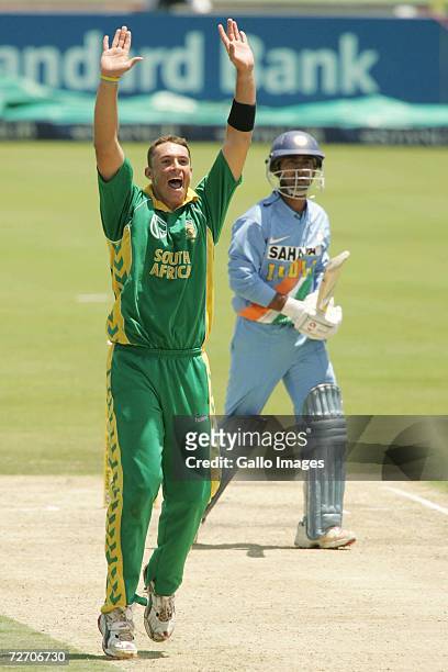 November 2006, Andre Nel celebrates the wicket of Dinesh Karyik during the 5th ODI of the MTN one-day series between South Africa and India at...