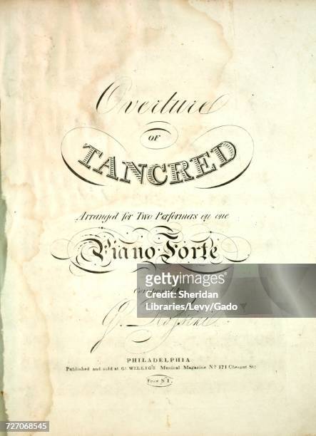 Sheet music cover image of the song 'Overture of Tancred', with original authorship notes reading 'Arranaged for Two Performers on one Piano Forte...