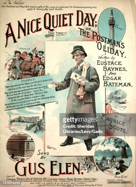 Sheet music cover image of the song 'A Nice Quiet Day, or, The Postman's 'Oliday', with original authorship notes reading 'Written by Eustace Baynes,...