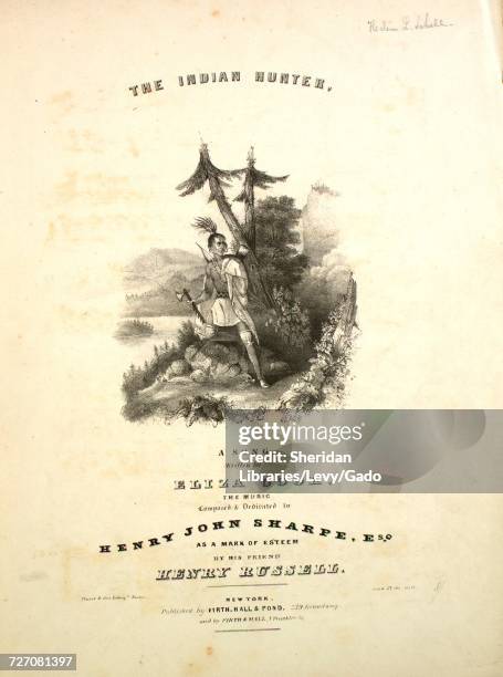 Sheet music cover image of the song 'the Indian Hunter', with original authorship notes reading 'Words by Eliza Cook Music by Henry Russell', United...