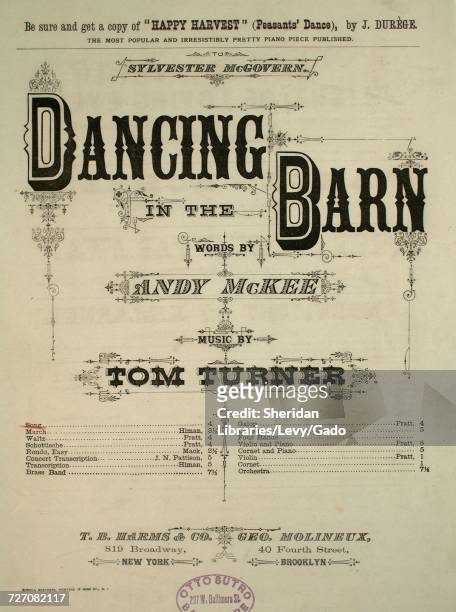 Sheet music cover image of the song 'dancing in the Barn Song', with original authorship notes reading 'Words by Andy McKee Music by Tom Turner',...
