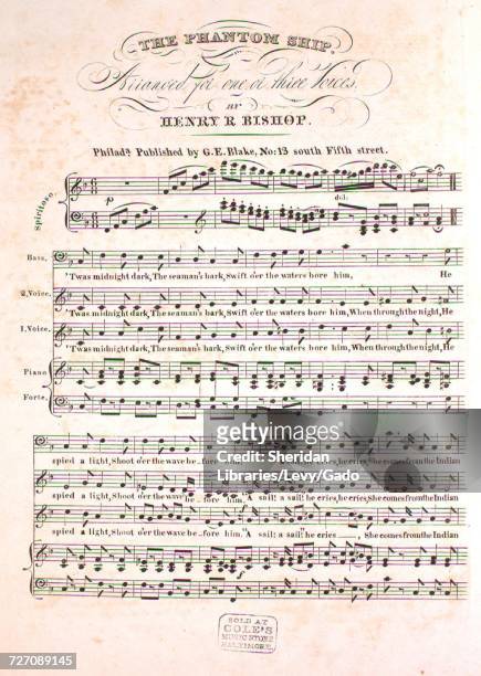Sheet music cover image of the song 'the Phantom Ship', with original authorship notes reading 'Arranged for one or three Voices by Henry R Bishop',...