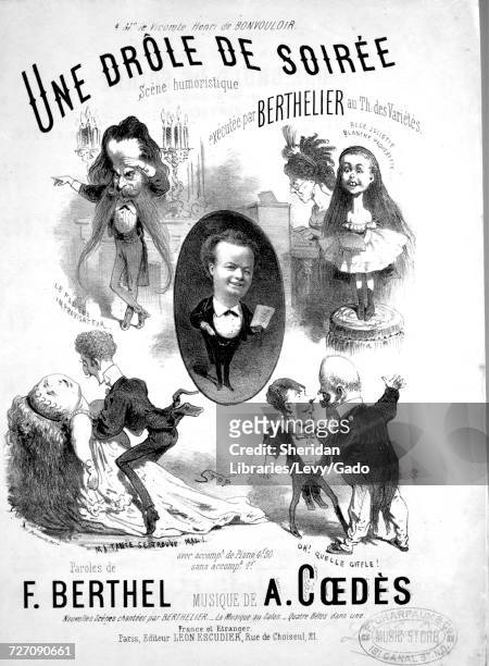 Sheet music cover image of the song 'Une Drole de Soiree Scene humoristique ', with original authorship notes reading 'Paroles de F Berthel Musique...