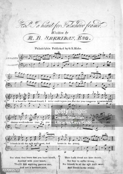 Sheet music cover image of the song 'Had I a Heart For Falsehood Fram'd', with original authorship notes reading 'Written by R B Sheridan, Esq ',...