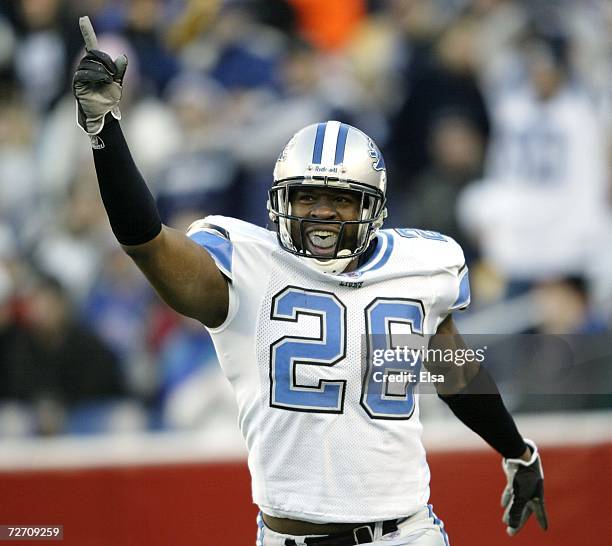 Kenoy Kennedy of the Detroit Lions celebrates a safety scored by the Lions in the third quarter against the New England Patriots on December 3, 2006...
