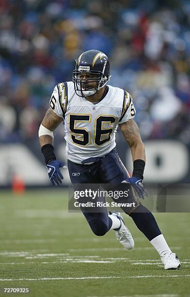 Shawn Merriman of the San Diego Chargers plays his first play since his four game suspensions against the Buffalo Bills at Ralph Wilson Stadium...