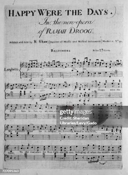 Sheet music cover image of the song 'Happy Were the Days In the new Opera of Ramah Droog', with original authorship notes reading 'na', United...