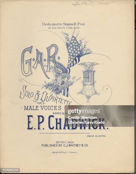 Sheet music cover image of the song 'GAR Solo and Quartette for Male Voices', with original authorship notes reading 'Words and Music by EP...