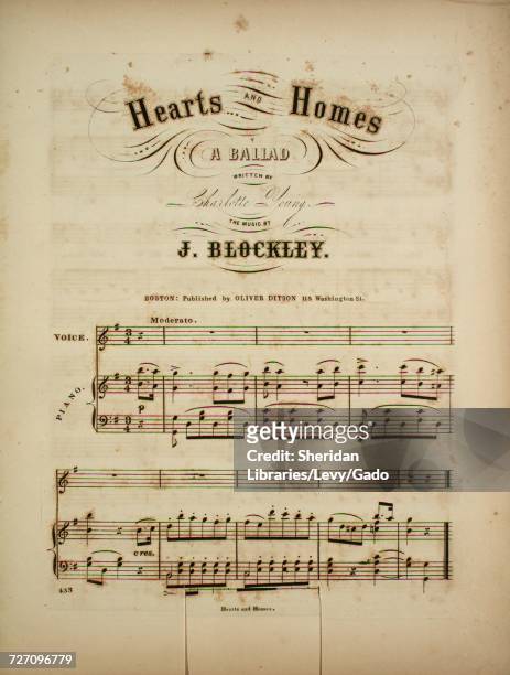 Sheet music cover image of the song 'Hearts and Homes A Ballad', with original authorship notes reading 'Written by Charlotte Young The Music by J...