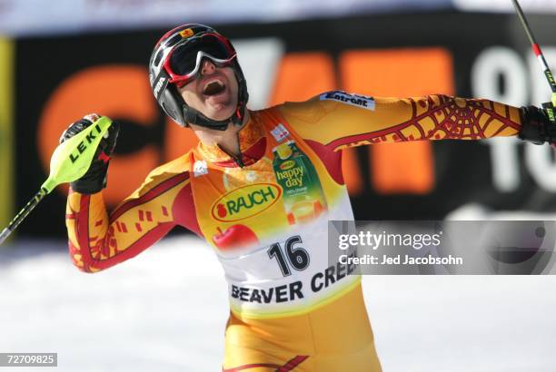 Michael Janyk of Canada celebrates after finishing in second place at the FIS Alpine World Cup Men's Slalom on Birds of Prey at Beaver Creek on...