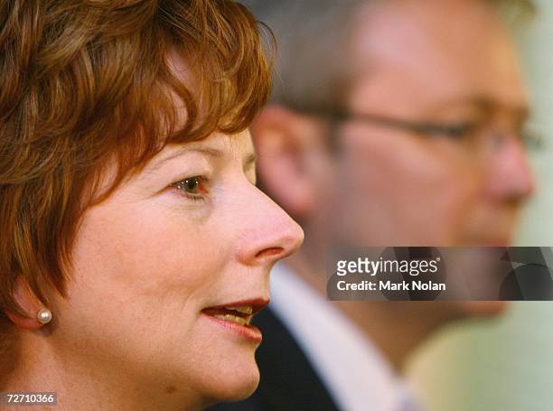 Julia Gillard, the new deputy of the Labor party, and new Labor leader Kevin Rudd speak to the media during a press conference at Parliament House on...