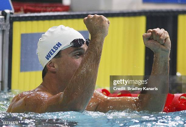 Matt Welsh celebrates victory after winning the Men's 50m Butterfly final on day two of the Australian Championships at Chandler Aquatic Centre on...