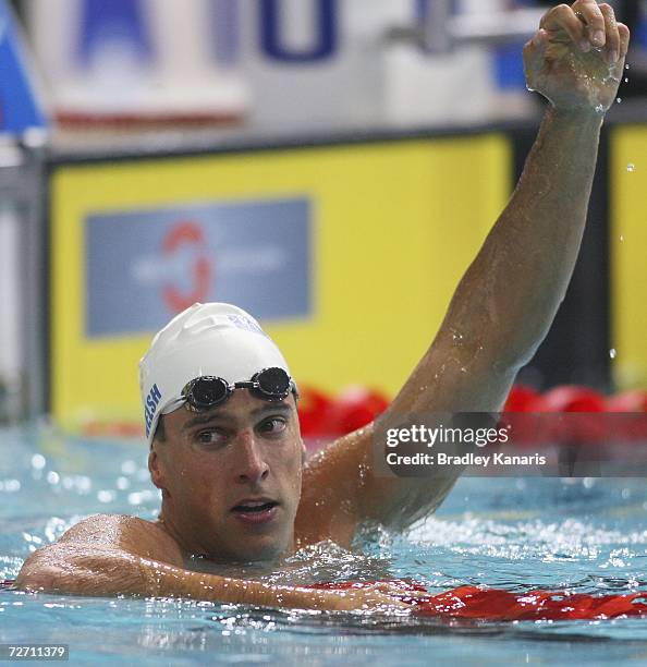 Matt Welsh celebrates victory after winning the Men's 50m Butterfly final on day two of the Australian Championships at Chandler Aquatic Centre on...