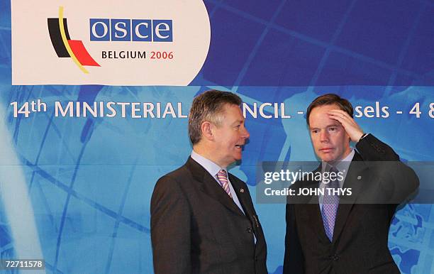 Belgium's Minister of Foreign Affairs Karel De Gucht greets US under-secretary of state for political affairs Nicholas Burns, prior a working session...