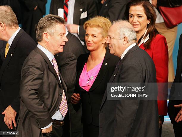 Belgium's Minister of Foreign Affairs Karel De Gucht speaks to his Croatian and Spanish counterparts, Kolinda Grabar-Kitarovic Miguel Angel Moratinos...