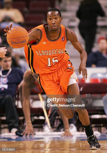 Jamaal Thomas of the Albuquerque Thunderbirds dribbles the ball on a fast break against the Arkansas RimRockers at Alltel Arena on December 3, 2006...