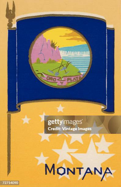 Color illustration of the flag of the state of Montana, early 20th Century. The flag, which was adopted in 1905, features the seal of the state on a...