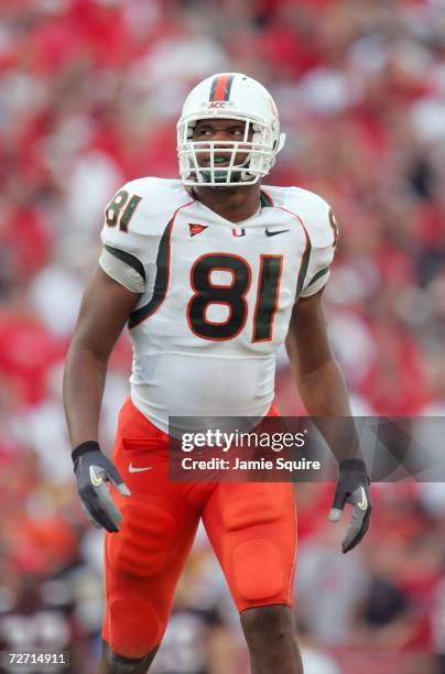 Calais Campbell of the Miami Hurricanes stands on the field during the game against the Maryland Terrapins at Byrd Stadium November 11, 2006 in...