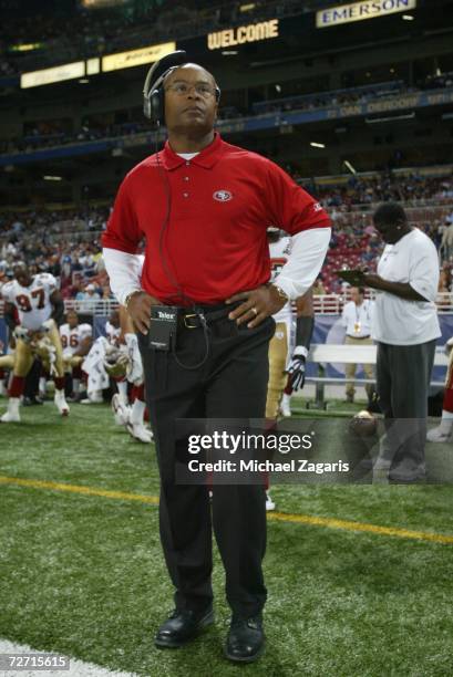 Mike Singletary of the San Francisco 49ers looks on during the game against the St. Louis Rams at Edward Jones Dome on November 26, 2006 in St....