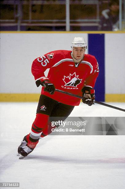 Canadian professional ice hockey player Keith Primeau skates for Team Canada at the Winter Olympics, Aqua Wing Arena, Nagano, Japan, February 1998.